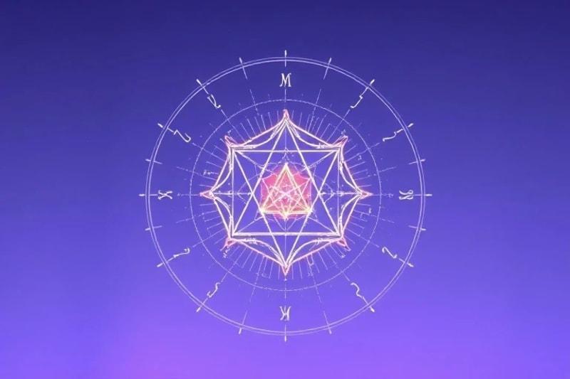 Render 3D minimalista de símbolos de geometría sagrada luminosos, como el Cubo de Metatrón, flotando en un campo de energía con delicadas frecuencias sonoras visualizadas como ondas.