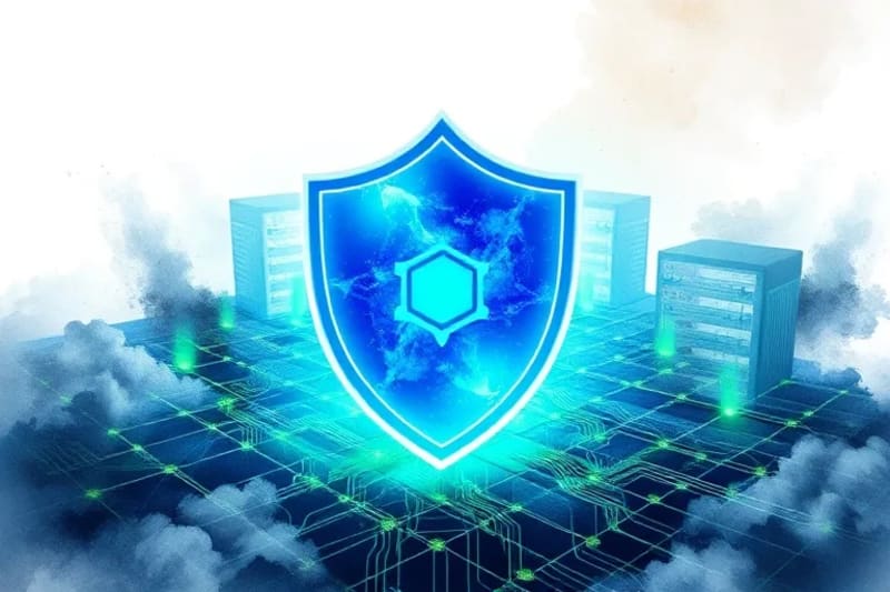 Un escudo digital brillante que protege una red de servidores interconectados, simbolizando la ciberseguridad proactiva en la nube.