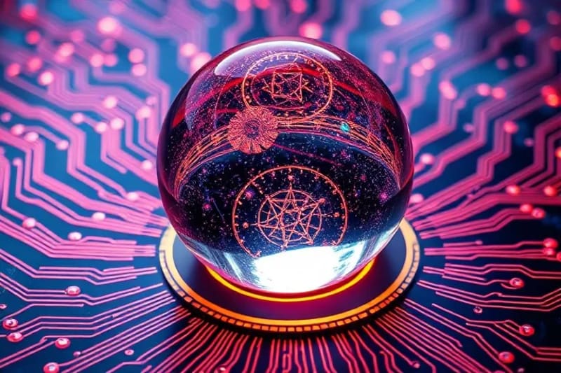 Esfera de cristal con constelaciones y símbolos astrológicos, flotando sobre un circuito neuronal detallado con luces brillantes