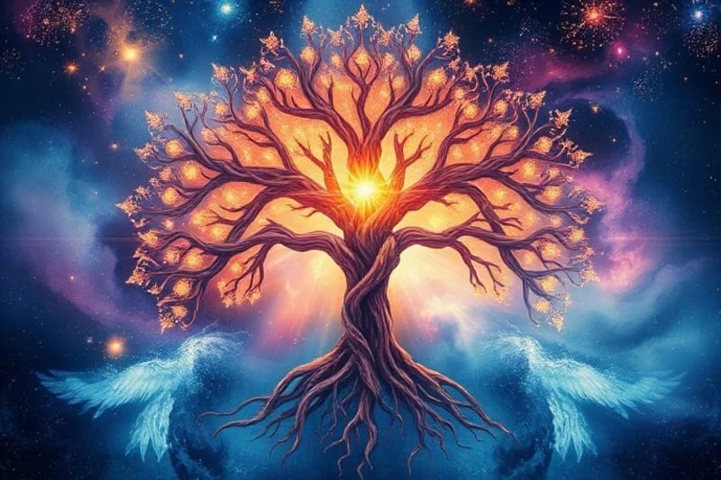 Manos sosteniendo un orbe luminoso que proyecta un árbol de la vida con raíces que se transforman en sinapsis neuronales, fondo cósmico