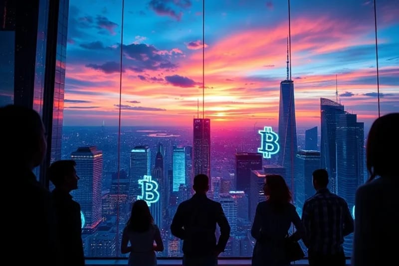 A futuristic city skyline with digital data streams and cryptocurrency symbols, symbolizing global finance and regulation in emerging markets.