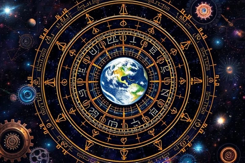 An abstract cosmic clockwork with starlight gears, representing the precise mechanics of astrological cycles.