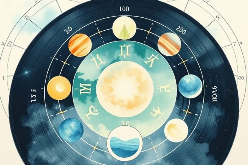 A watercolor illustration of interconnected circles and lines depicting annual profections and their cyclical progression.