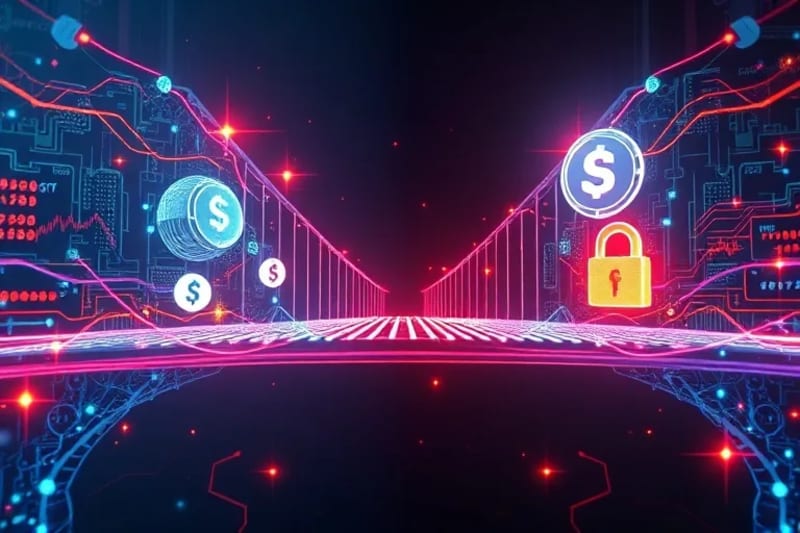 A 3D render of digital circuits and data streams forming a bridge between traditional and crypto finance, illustrating cross-border transactions.