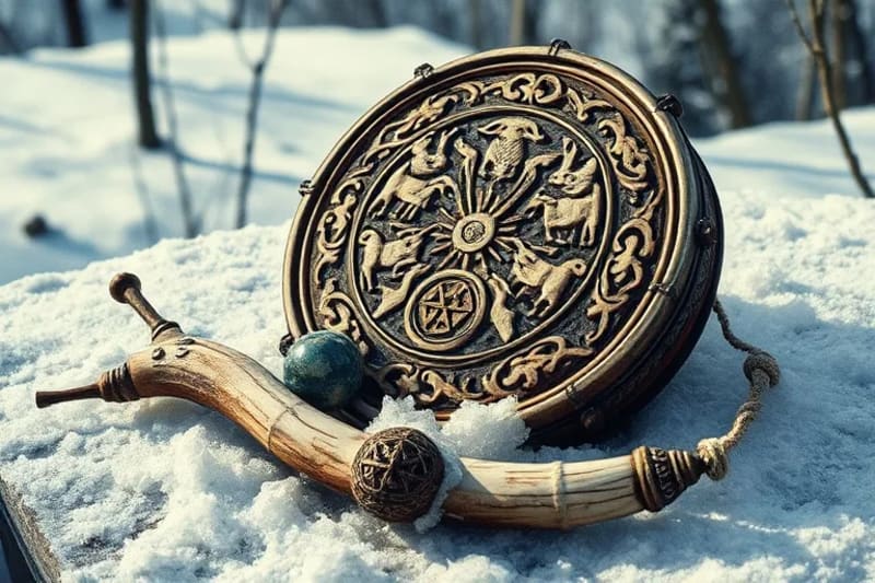 Bodegón de objetos chamánicos: tambor, amuletos de hueso, cristales escarchados sobre hielo