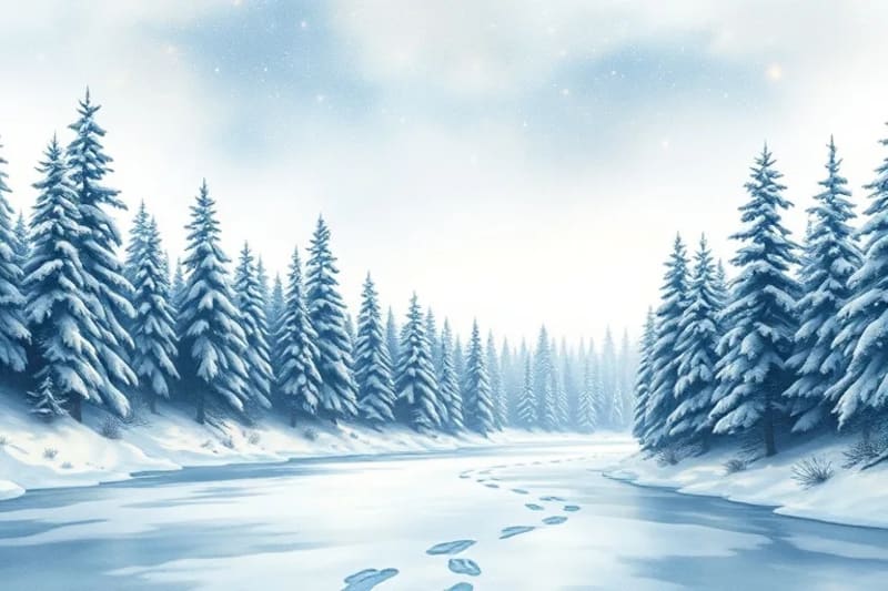 Ilustración acuarela de la taiga siberiana en invierno con pinos nevados y un río congelado