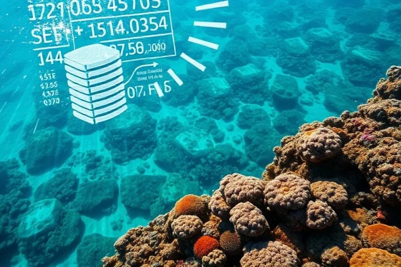Ecosistema costero saludable con arrecifes de coral y flujos de datos financieros abstractos