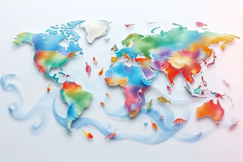 Símbolos de divisas globales entrelazados con elementos marinos sobre un mapa de mercados emergentes