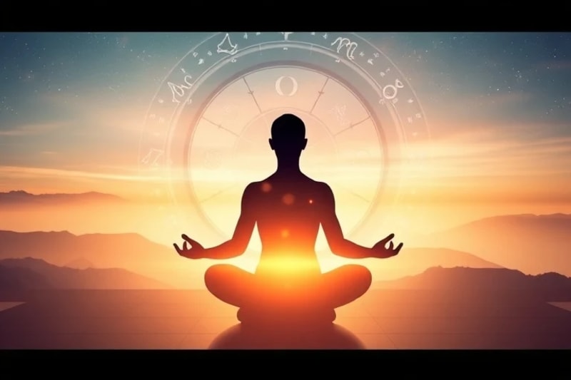 Minimalist 3D render of a meditating silhouette in an elemental room