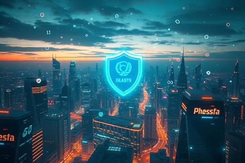 Futuristic digital city with holographic brand logos and a glowing shield icon