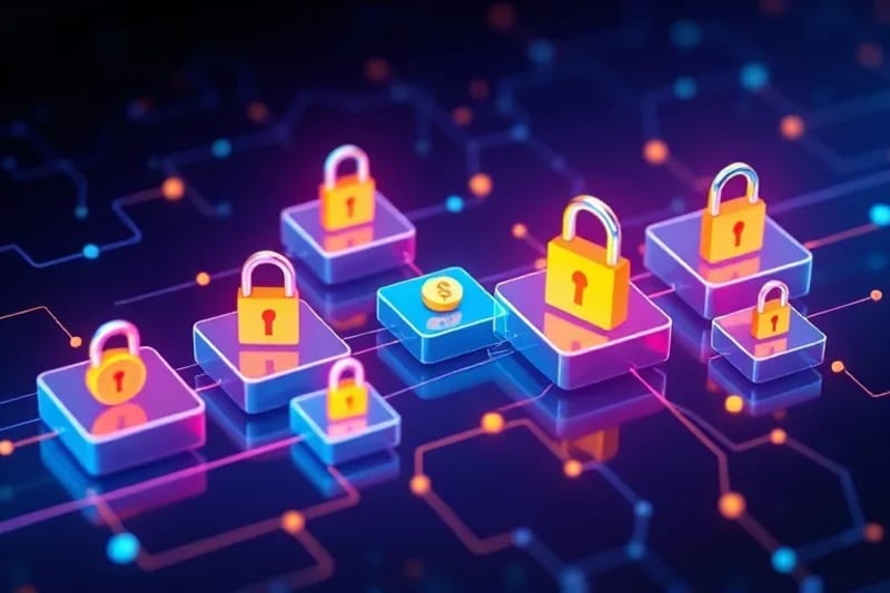 Infographic of blockchain blocks with NFTs and virtual currencies