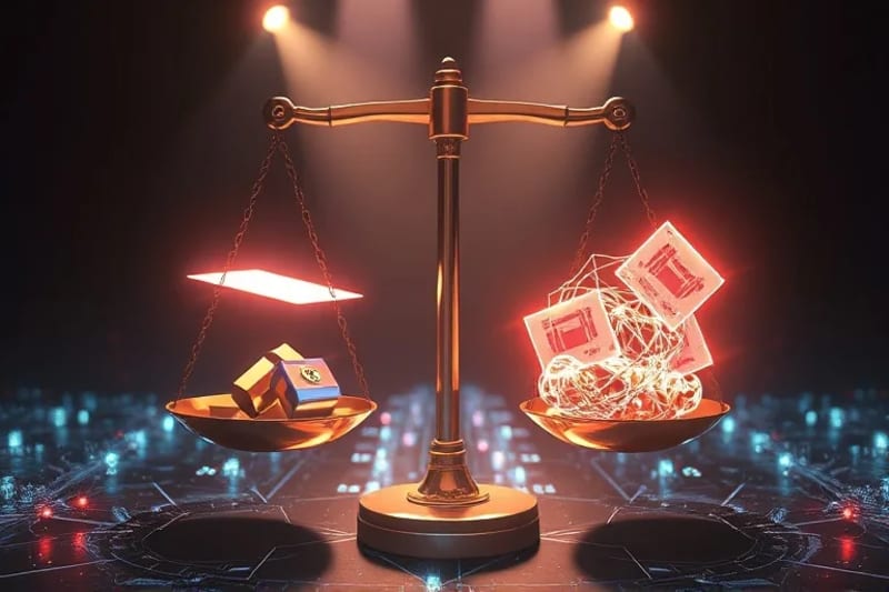 3D render of legal scales balancing digital assets with a digital gavel