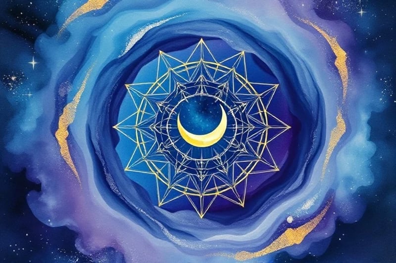Abstract watercolor dreamscape with celestial elements and flowing thoughts.