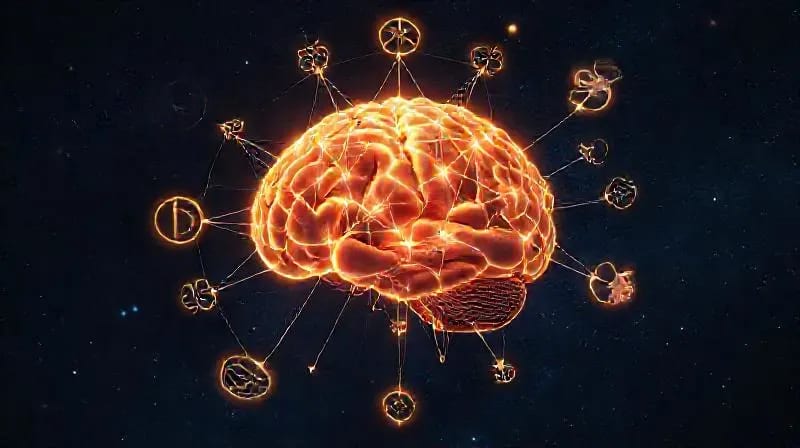 3D rendered brain model connected to astrological symbols, representing the mind's link to cosmic influences.