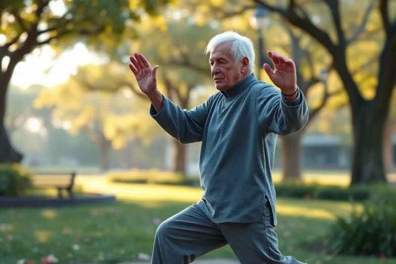 Elderly person practicing tai chi in futuristic park