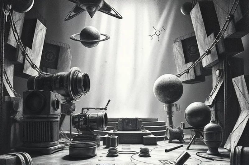 Escena surrealista renderizada en 3D de un set de filmación deconstruido, donde elementos cinematográficos como lentes de cámara y proyectores se entrelazan con motivos astrológicos, bañados en una luz etérea.