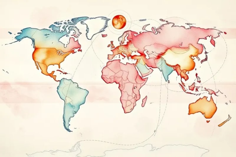 Abstract watercolor of planetary alignments affecting world map