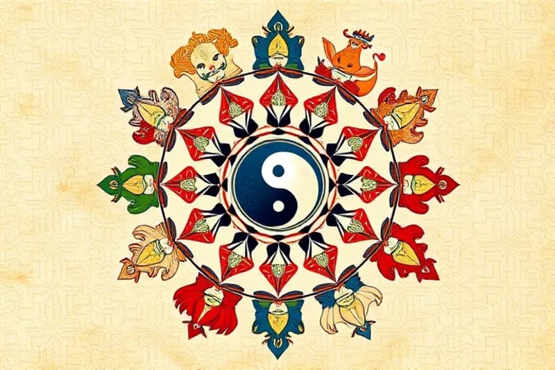 Stylized illustration of twelve Chinese zodiac animals in a circle