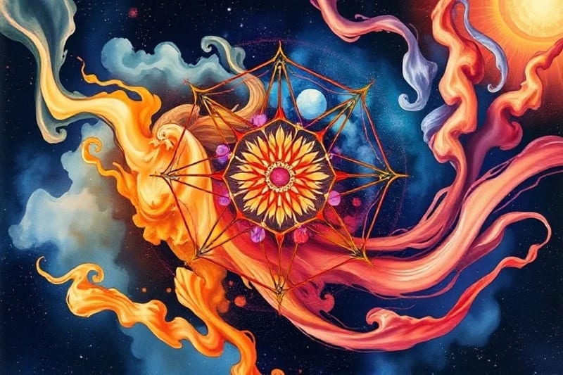 Abstract watercolor painting of the Five Elements interacting