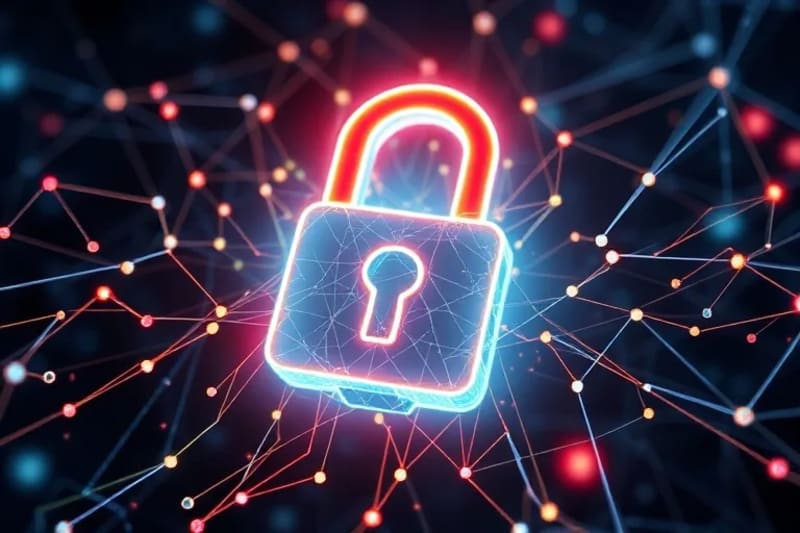Conceptual vector art of cybersecurity elements with AI and threats