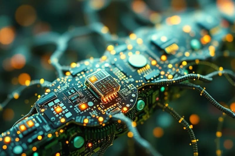 Macro photography of self-evolving digital organism on circuit board