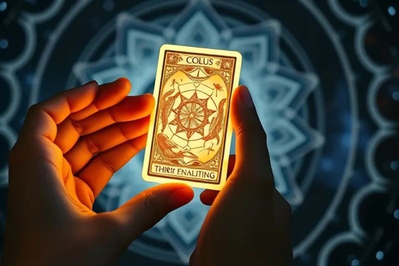 A pair of hands gently holding a beautifully illustrated tarot card, with a soft digital glow emanating from the card, suggesting an online reading session. The background is blurred to emphasize the card and hands.