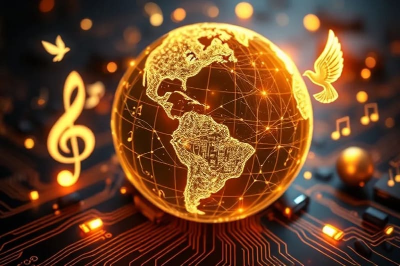 Globo digital con notas musicales y símbolos humanitarios