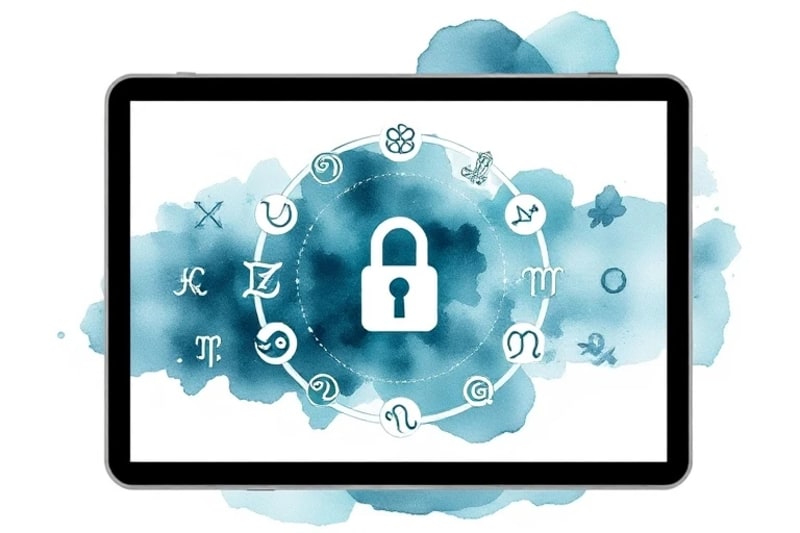 A digital interface displaying ancient runic symbols and oracle cards, with a padlock icon and secure connection indicators, representing the importance of security and integrity in online spiritual services.