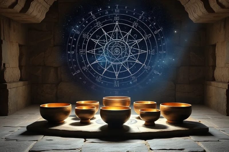 Altar de cuencos de cuarzo con energía cósmica y luz mística