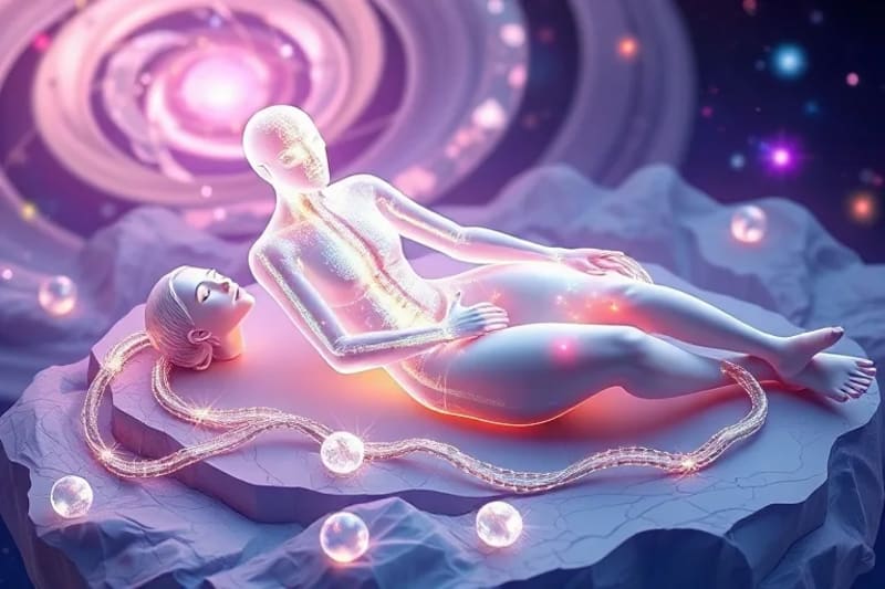 Intricate silver cord connecting luminous astral body to physical form