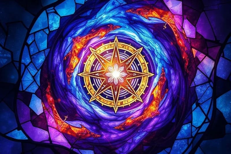 Swirling vortex of protective light with geometric patterns