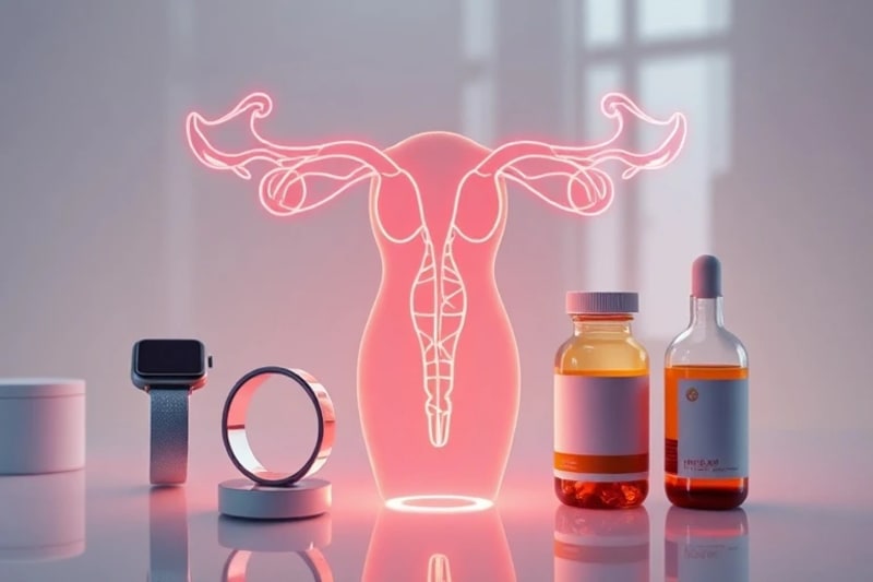 Render 3D de herramientas de biohacking (wearables, luz inteligente) interactuando con el sistema endocrino femenino, simbolizando la optimización.