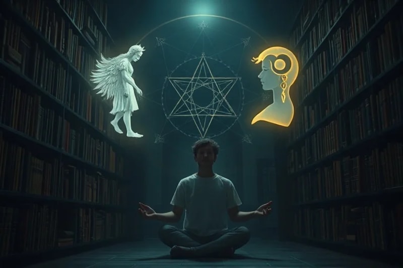 Person meditating in an ancient library surrounded by glowing archetypal symbols, representing deep introspection and the mystical journey of shadow work and self-discovery.