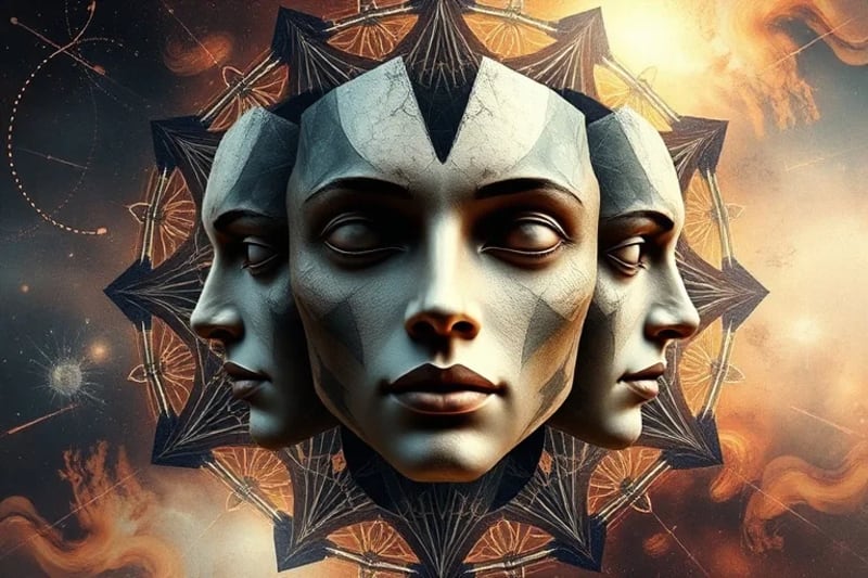 Digital painting of fragmented masks merging into a serene, whole face, symbolizing the integration of shadow aspects and healing.