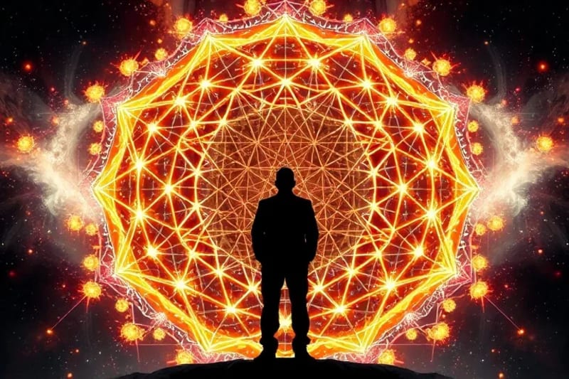 Silueta humana frente a una rejilla geométrica luminosa