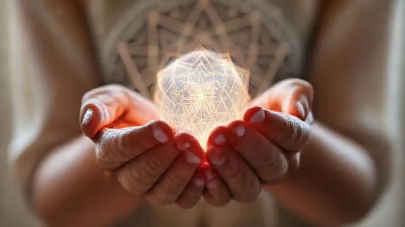 Hands cupping a glowing orb radiating abstract sound patterns