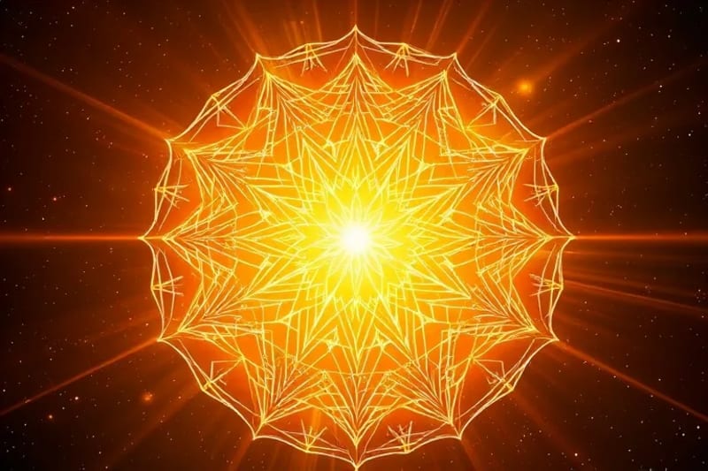 Abstract 3D render of interconnected geometric patterns bathed in golden light