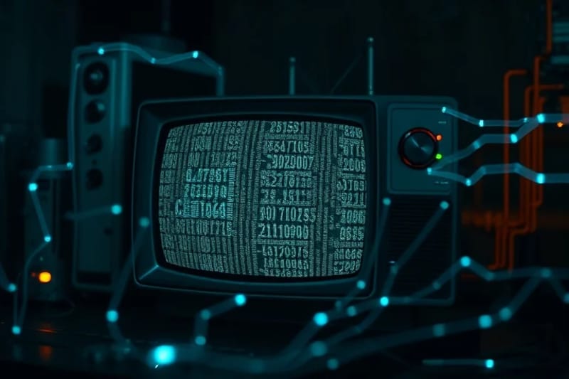 Symbolic representation of media evolution, from analog television to holographic digital data streams, illustrating technological progression.