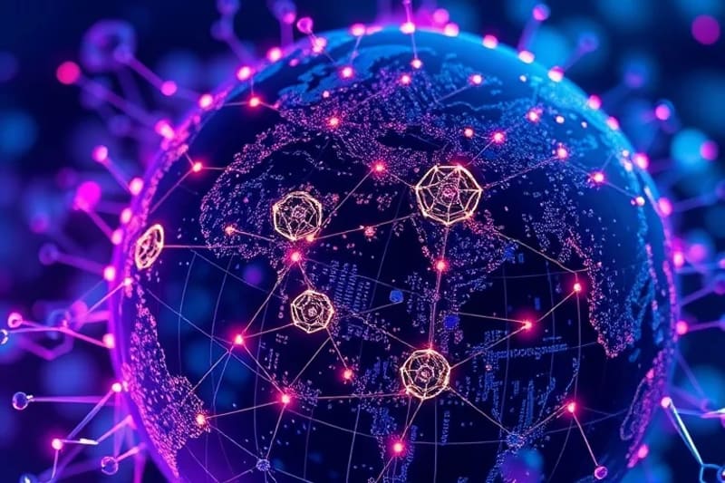 Abstract representation of the global village concept evolving into interconnected metaverse neural networks, depicting digital connectivity.
