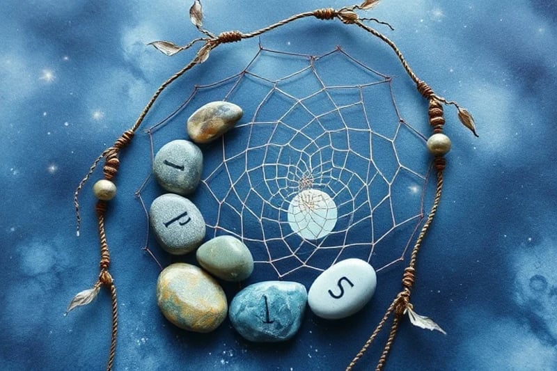 Watercolor painting of numerical stones arranged in a spiral, intertwined with ethereal dream catchers reflecting moonlight.
