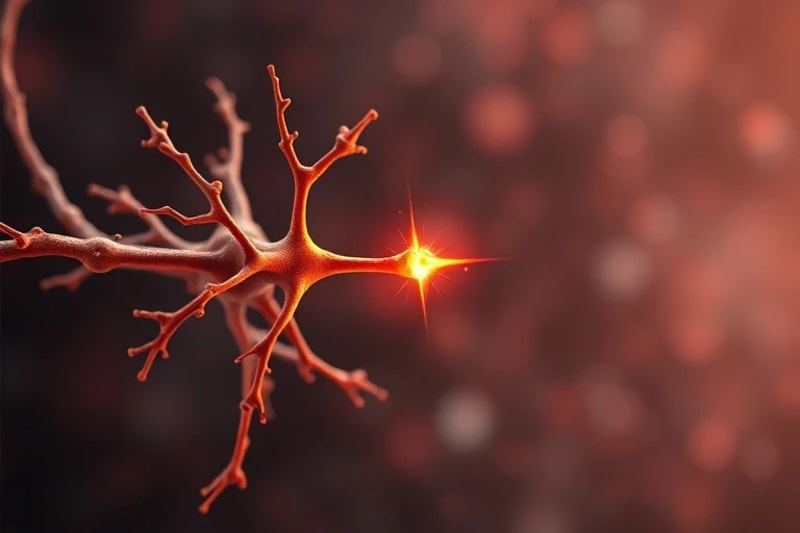Detalle de una neurona cerebral disparándose con luz etérea, simbolizando la plasticidad neuronal