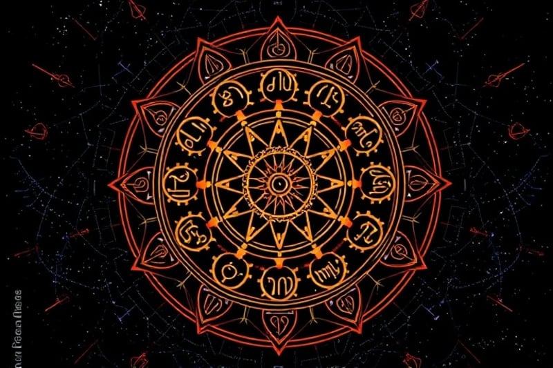 Stylized gears and clockwork mechanisms intertwined with zodiac symbols, representing precise astrological timing