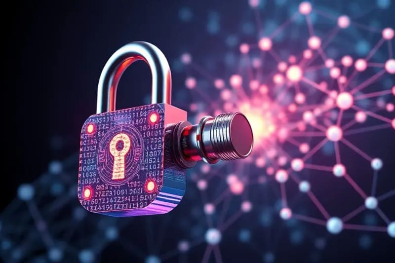 3D render of a digital lock and key with blockchain pattern, symbolizing security
