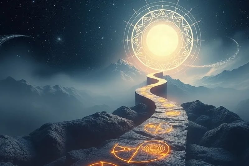 Winding path illuminated by moonlight with astrological glyphs, symbolizing life's journey