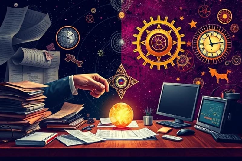 Escritorio profesional moderno con elementos de transición y crecimiento
