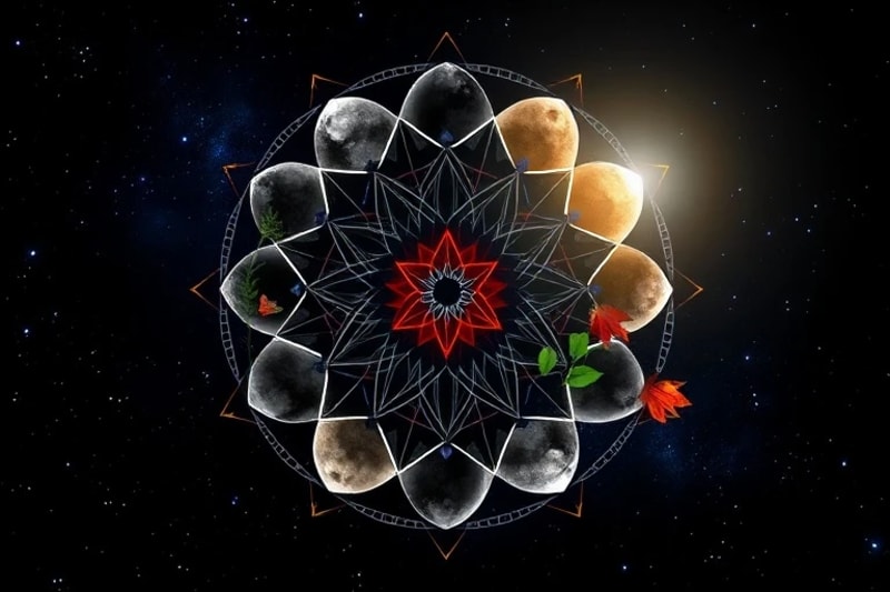 Digital painting illustrating the eight phases of the moon with symbolic elements for growth and release.