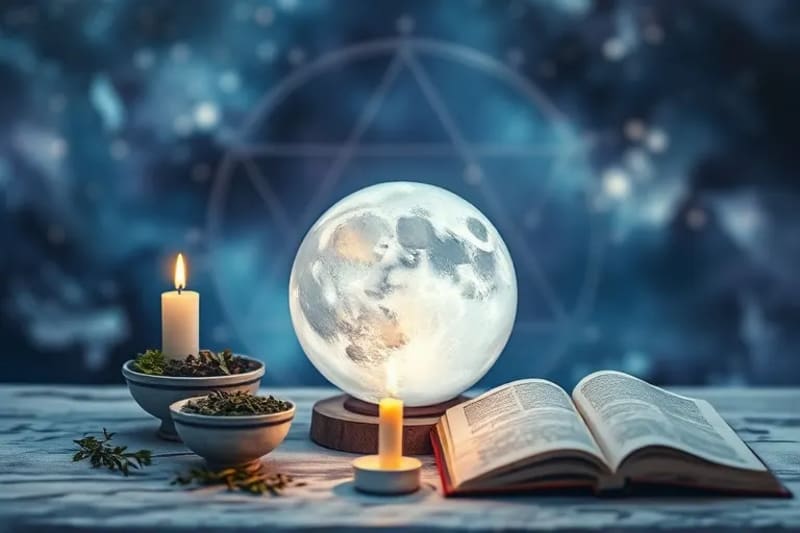 Abstract watercolor still-life of an altar with crystal, herbs, candle, and journal, symbolizing lunar ritual tools.