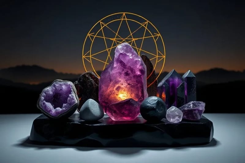 Bodegón conceptual con amatistas y turmalinas sobre obsidiana, con patrones de geometría sagrada que emanan energía protectora.