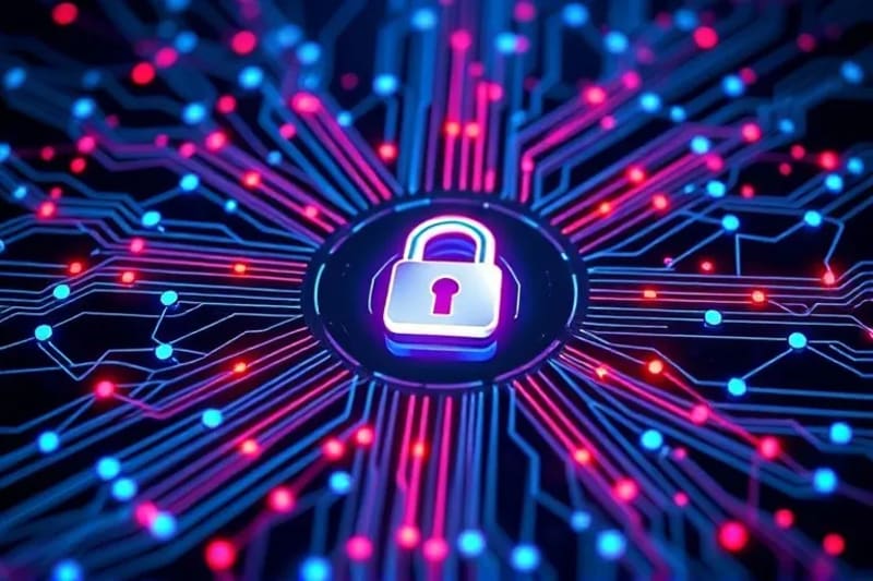 Vector art of a digital lock with cyber threats being neutralized
