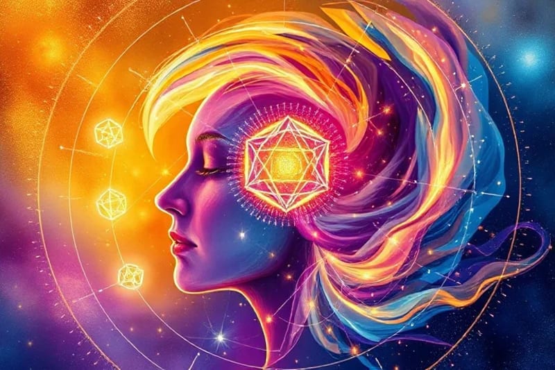 Pintura abstracta de un aura humana con capas de colores iridiscentes, integrando formas geométricas brillantes y partículas cristalinas como escudos protectores.
